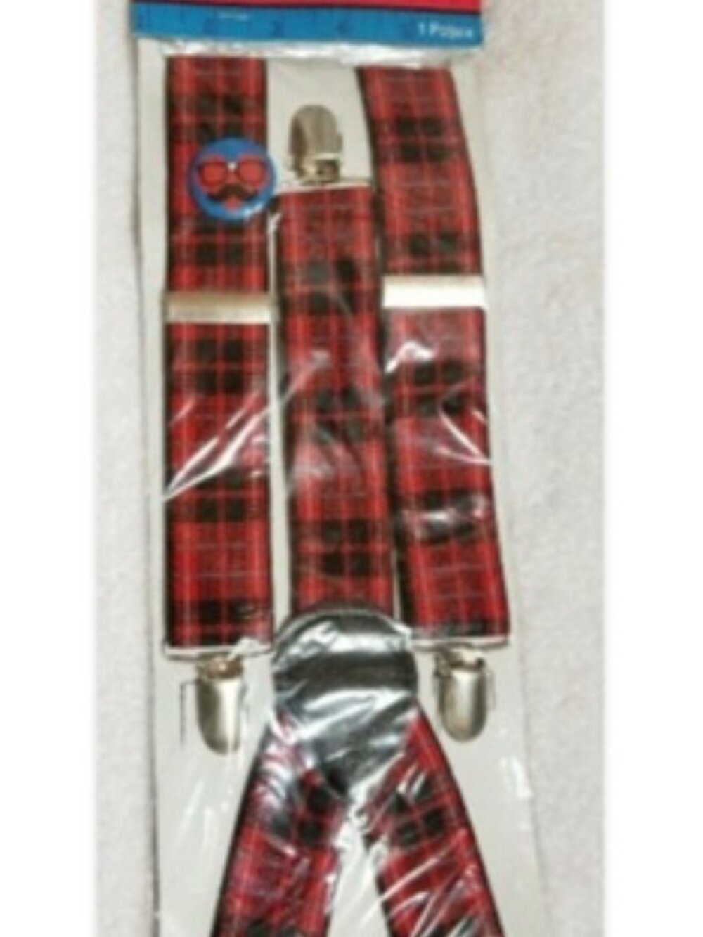 NWT Geek Chic Red and Black Plaid Suspenders, Button Heart with Mustache